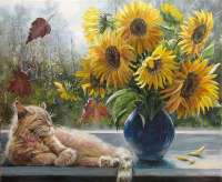 Без бренда «Подсолнухи в синей вазе возле кота» в Тюмени