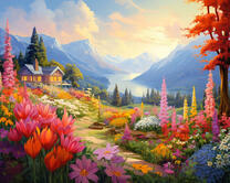 Красочный вид на горы и домик у реки