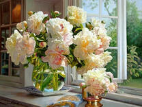 Без бренда «Ваза с букетом белых пионов у окна» в Тюмени