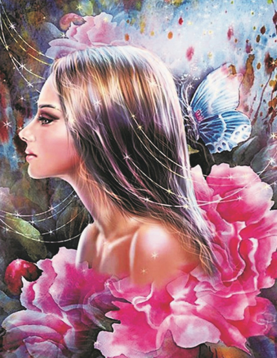 Алмазная мозаика 40x50 Красивый портрет в профиль среди цветов и бабочек