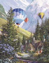 Воздушные шары над каменным домиком среди гор