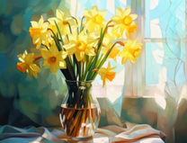 Букет желтых нарциссов у прозрачной вазы