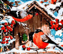 Снегири у зимней кормушки