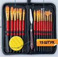 Без бренда «Коробка 50 шт.: Набор кистей для рисования в чехле, премиум набор (15 нейлоновых кистей, 1 мастихин) красные» в Тюмени