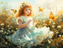 Девочка в голубом платье среди бабочек и одуванчиков