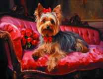 Красавец Йорк на красном диване
